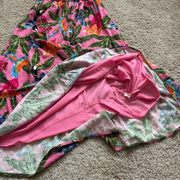 By The River Tropical Print Pink Floral Toucan Parrot Midi Dress Size Medium - Picture 8 of 9
